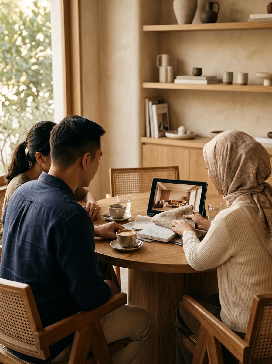 A designer reviewing materials and a tablet with a couple