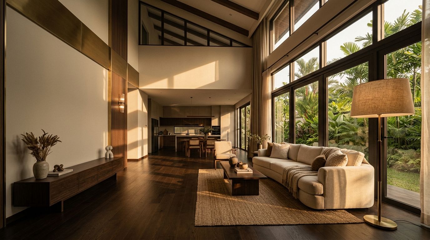 Double-height living room with tall windows onto palms