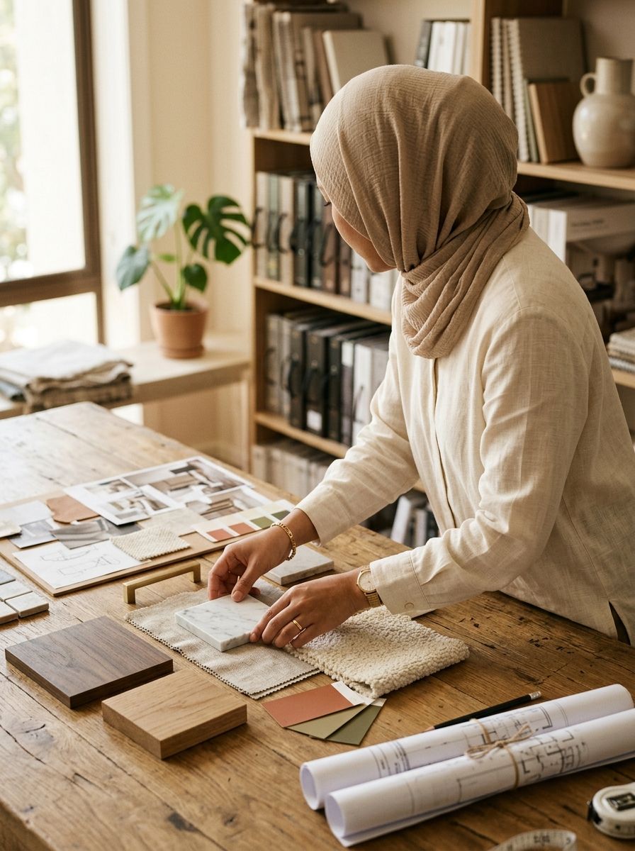 An Auren designer arranging material samples at the studio table
