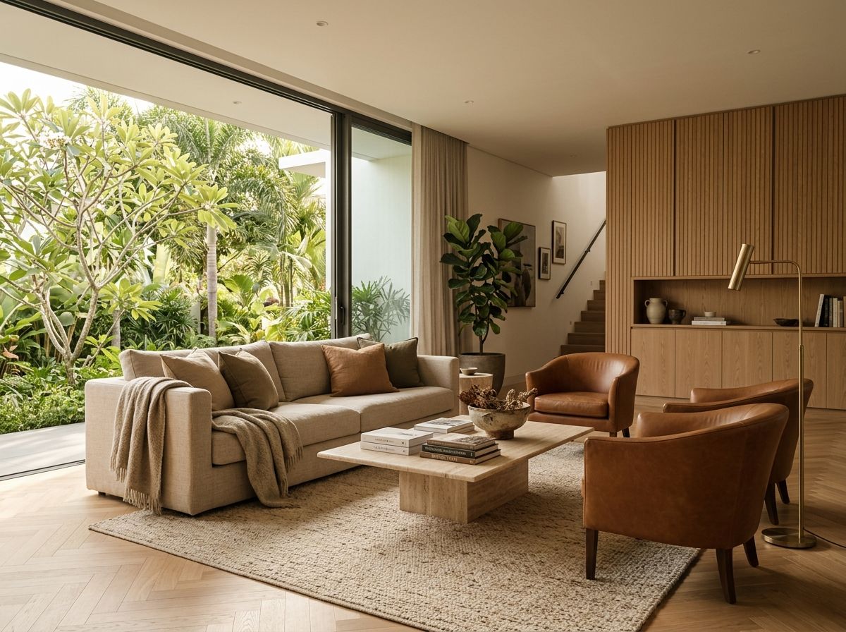Warm transitional living room opening onto a tropical garden