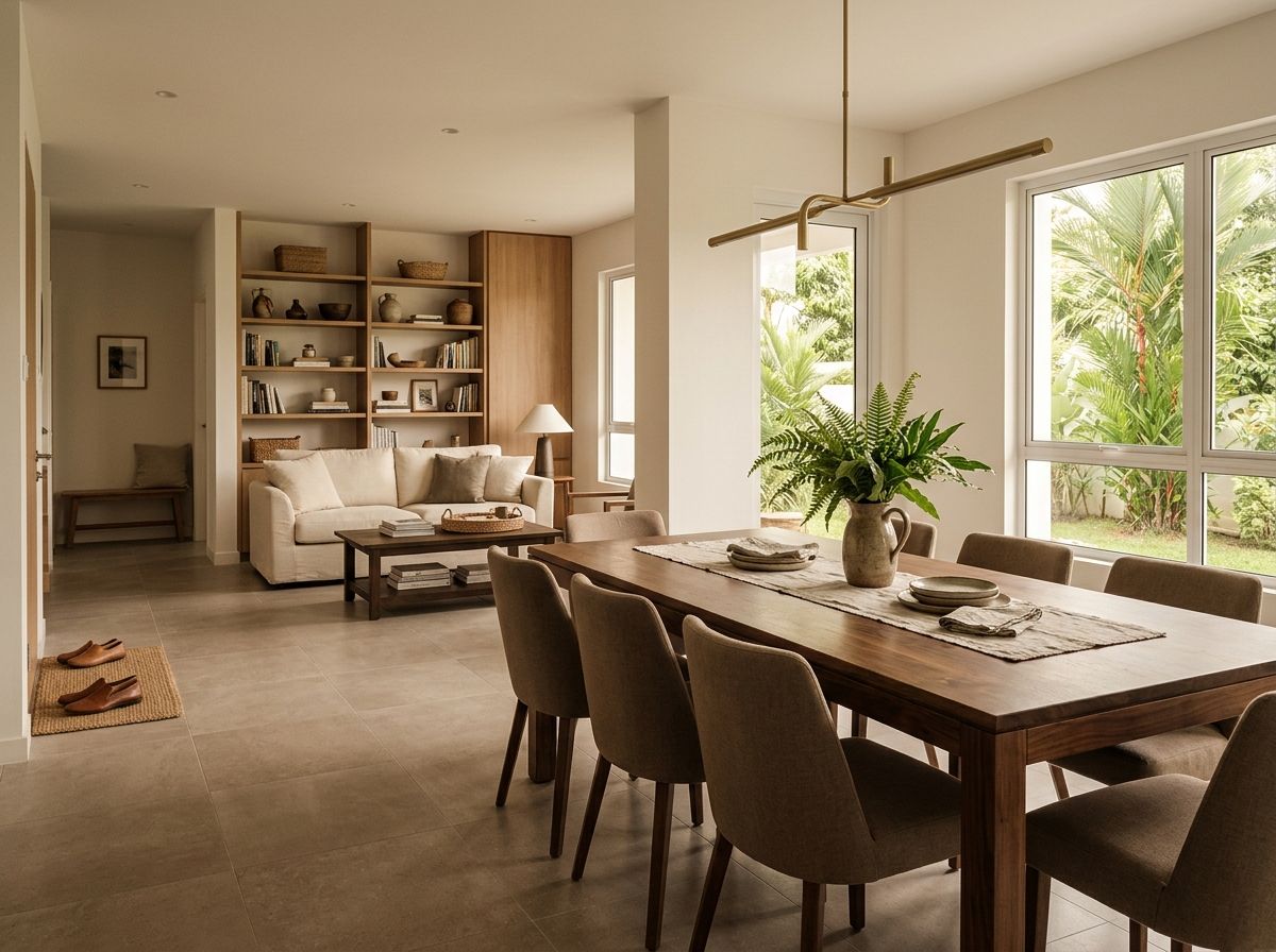 Open-plan dining and living space with a walnut dining table