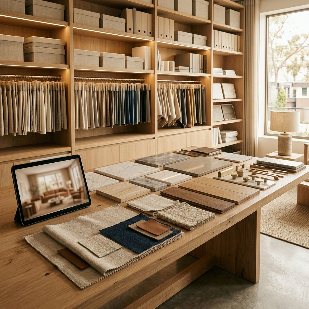 Material library with timber, stone and fabric samples