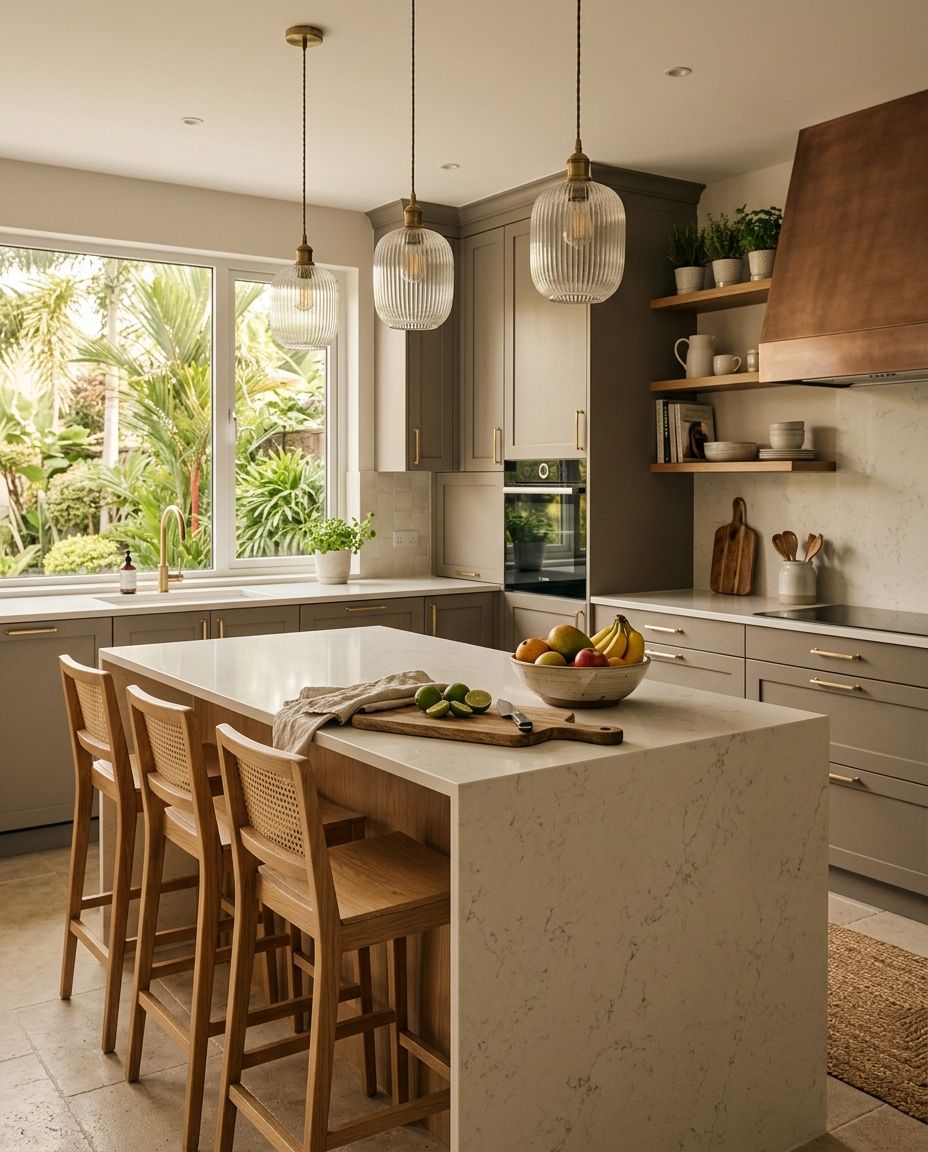 Kitchen with a stone island and pendant lights