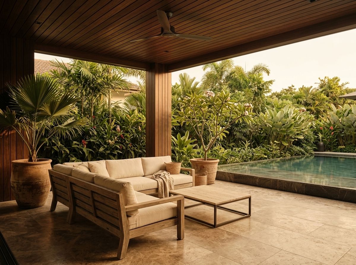 Covered outdoor terrace beside a pool